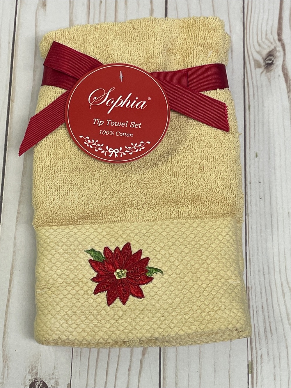 Christmas Bath Set 2 Fingertip Towels Tan Red Poinsettia Flower Finger Tip NEW